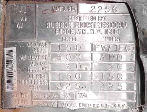 Used Rubicon Single Pass Shell & Tube Heat Exchanger, 20 Square Feet, Model VT6B1-48V. Carbon steel shell and Hastelloy C-276 heads. Shell rated 150 psi at 300 deg F. (26) 3/4" diameter x 4' long tub...