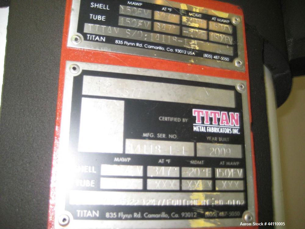 Used Titan Metal Fabricators Tantalum Vertical Heat Exchanger / Condenser, Approximate 55 Square Feet. Shell rated 150 psi & Full Vacuum at 347 degrees F, tubes rated 150 psi & Full Vacuum at 347 deg...