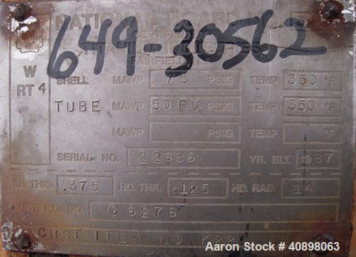 Used Titanium Industries Shell and Tube Heat Exchanger, 151 square feet, horizontal. Tema Type BEM, Tema Size 14-72. Carbon steel shell rated 75 psi at 350 deg F, (129 ) 3/4'' diameter x 6' long Zirc...