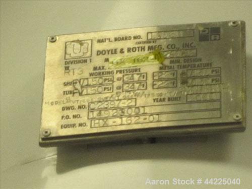 Used Doyle & Roth Vertical Heat Exchanger, 125 Square Feet, Model VT1661-3VE. (212) 3/4" Diameter x 36" long Hastelloy C276 tubes rated 150 psi and full vacuum at 347 degrees F, 316L stainless steel ...