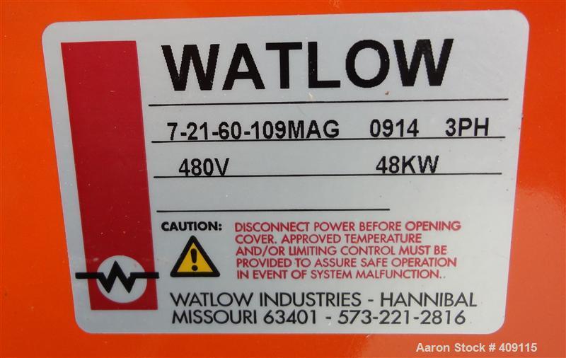 Unused- Watlow Flange Heater, Model 7-21-60-109MAG. Element material Incoloy 800. 3/60/480 volt, 48 KW. 304 Stainless steel mounting flange, approximate 10.5" diameter (8) 1" diameter bolt holes on a...
