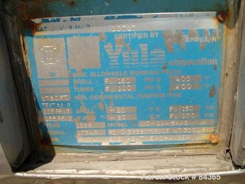 Used Yula Corporation Single Pass Shell and Tube Heat Exchanger, 19 square feet, horizontal, model WC-1A-54AS. Carbon steel shell rated fv/105 psi at 400 deg F and –20 deg F at FV/150 psi. (24) 5/8" ...