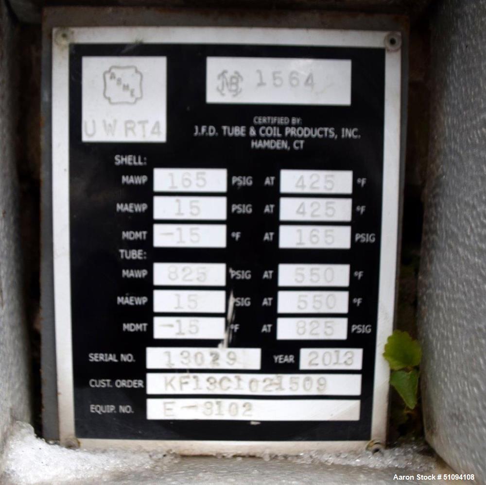 Used J.F.D. Tube & Coil Products 6 Pass U Tube Shell & Tube Heat Exchanger, Approximate 375 Square Feet, Horizontal. Carbon steel shell rated 165 psi at -15 to 425 degrees F., (36) 1" diameter x 20' ...