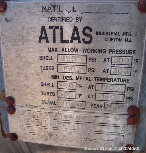 Used- Atlas U tube Heat Exchanger, approximately 133 square feet, horizontal. Carbon steel shell rated 150 psi at 300 deg F,...