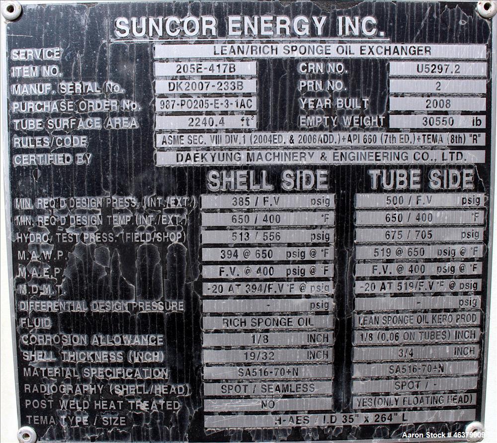 Unused- Daekyung Shell and Tube Heat Exchanger, 2,250 Square Feet, Horizontal, C