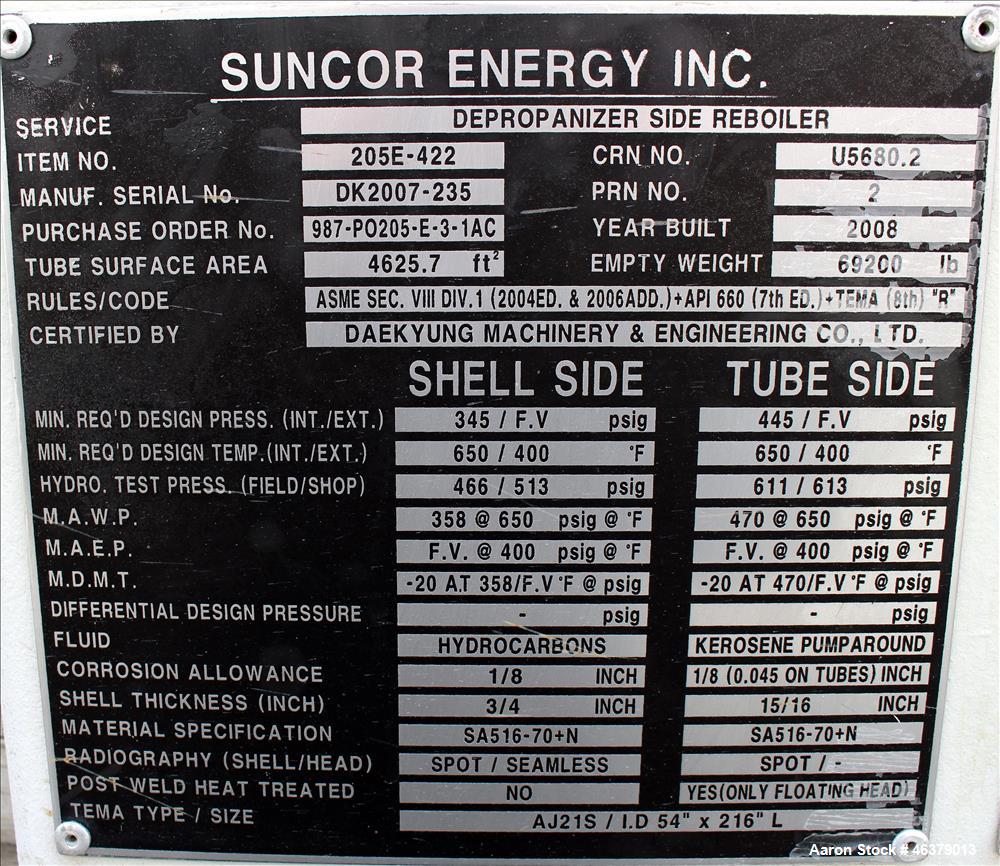 Unused 2-Pass Shell & Tube Heat Exchanger – 4,625 Sq. Ft., Carbon Steel, Horizontal