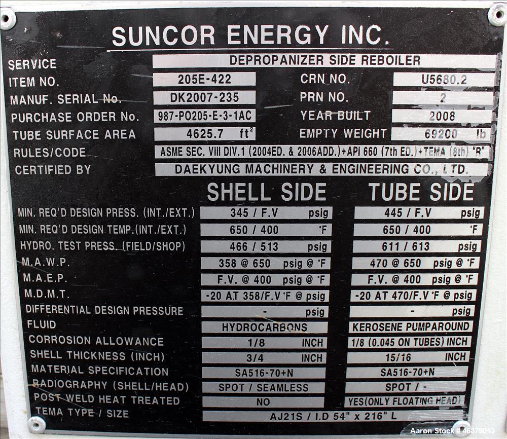 Unused 2 Pass Shell and Tube Heat Exchanger