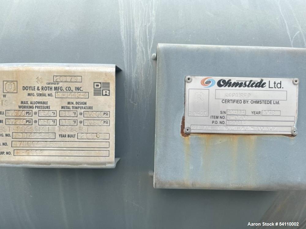 Used Doyle & Roth Shell & Tube Heat Exchanger | 1963 Sq. Ft. | Alloy 400 Tubes | 300 PSI | 2006/2018