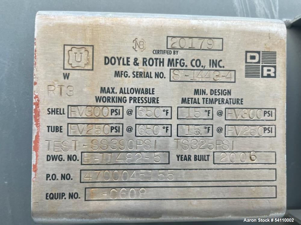 Used Doyle & Roth Shell & Tube Heat Exchanger | 1963 Sq. Ft. | Alloy 400 Tubes | 300 PSI | 2006/2018