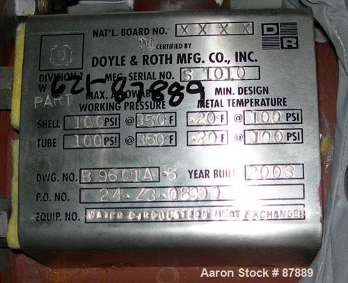 Used Doyle and Roth U Tube Heat Exchanger, approximately 25 square feet, horizontal. Carbon steel shell rated 100 psi at 350 deg F. (32) 3/4" diameter x 4' long carbon steel tubes rated 100 psi at 35...