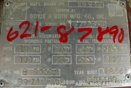 Used Doyle and Roth U Tube Heat Exchanger, approximately 25 square feet, horizontal. Carbon steel shell rated 100 psi at 350 deg F. (32) 3/4" diameter x 4' long carbon steel tubes rated 100 psi at 35...