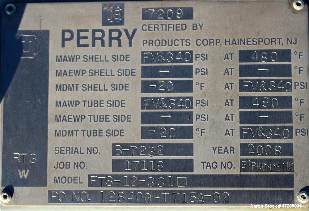 Unused- Perry Products "U" Tube Heat Exchanger, 331 Square Feet, Model FTS-12-331, Horizontal. Carbon steel shell rated 340 psi/Full Vacuum at -20 to 480 degrees F. (53) 3/4" Diameter x 16' long carb...