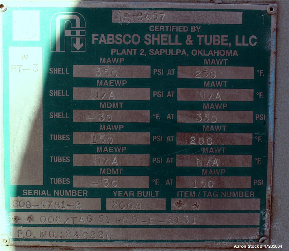 Unused- Fabsco 2 Pass Shell & Tube Heat Exchanger, Approximately 4,092 Square Feet, Horizontal. Carbon steel shell rated 350 psi at -30 to 250 degrees F. (1044) 3/4" Diameter x 20' long carbon steel ...