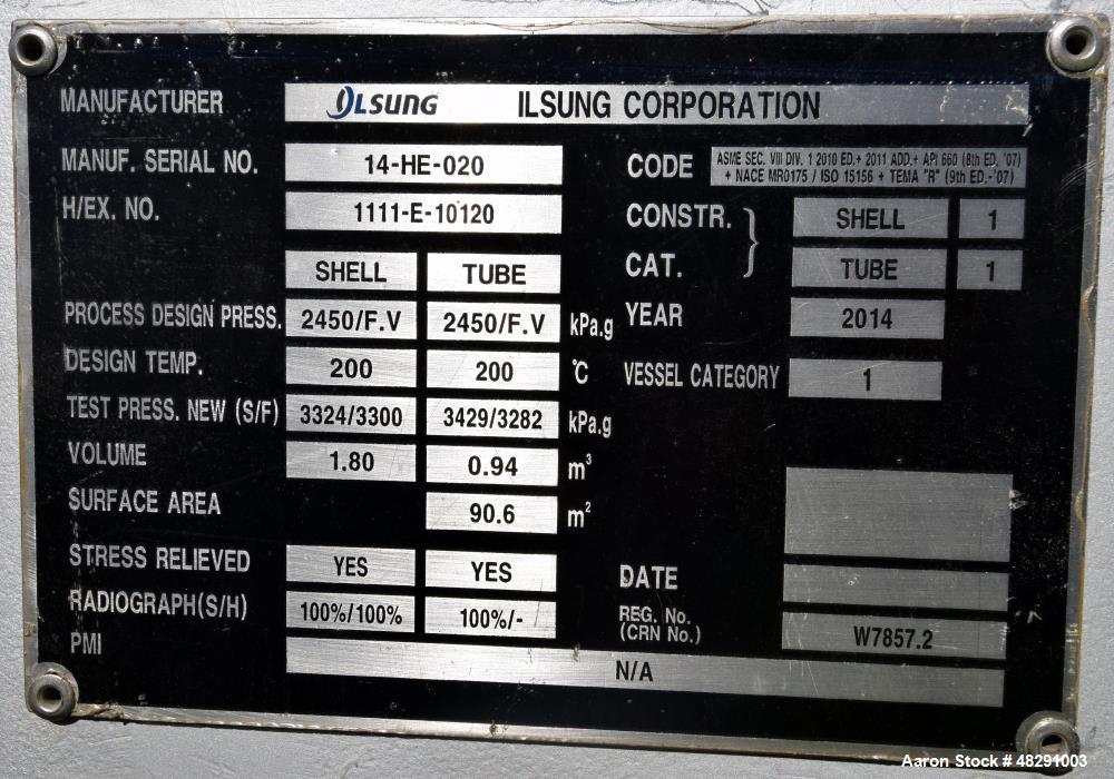 Unused- Ilsung Corporation 8 Pass Shell & Tube Heat Exchanger, Approximate 975 S