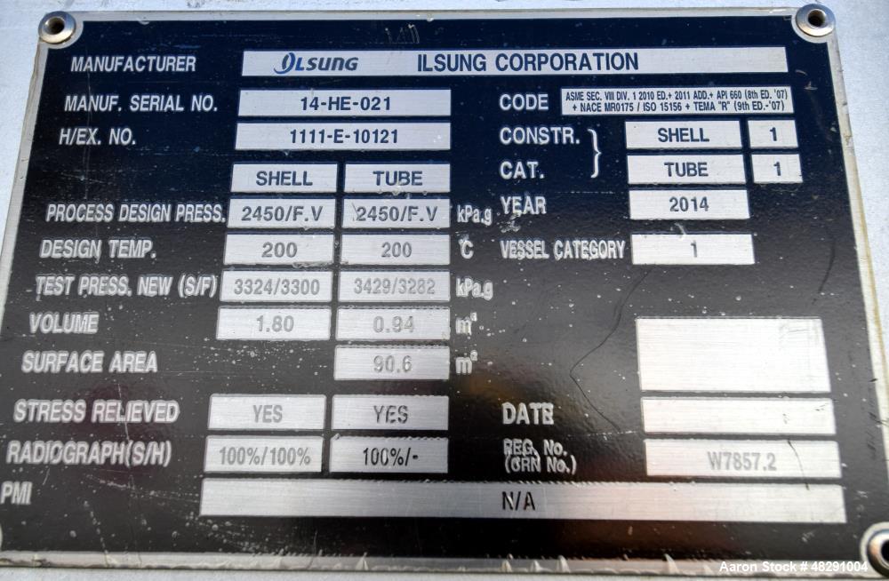 Unused- Ilsung Corporation 8 Pass Shell & Tube Heat Exchanger, Approximate 975 S