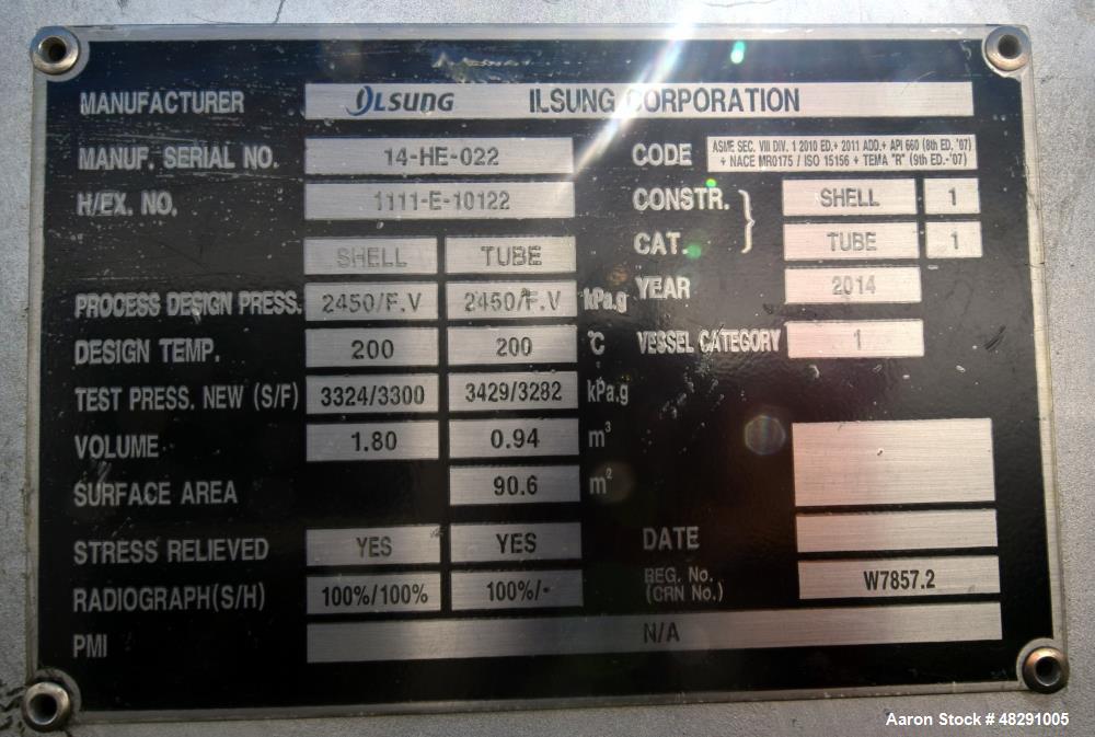 Unused- Ilsung Corporation 8 Pass Shell & Tube Heat Exchanger, Approximate 975 S