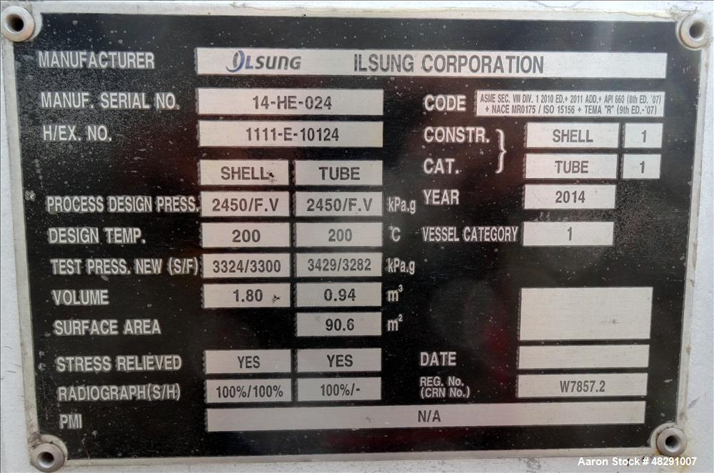 Unused- Ilsung Corporation 8 Pass Shell & Tube Heat Exchanger, Approximate 975 S