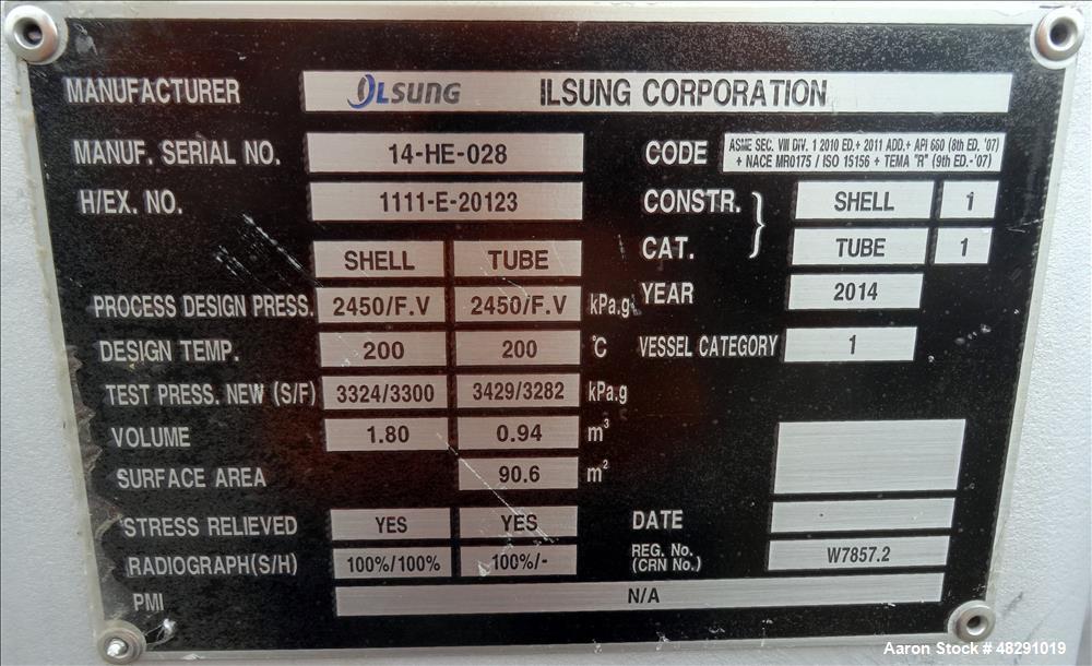 Unused- Ilsung Corporation 8 Pass Shell & Tube Heat Exchanger, Approximate 975 S