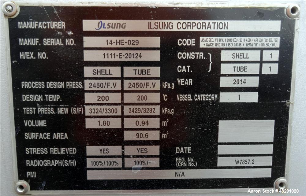 Unused- Ilsung Corporation 8 Pass Shell & Tube Heat Exchanger, Approximate 975 S