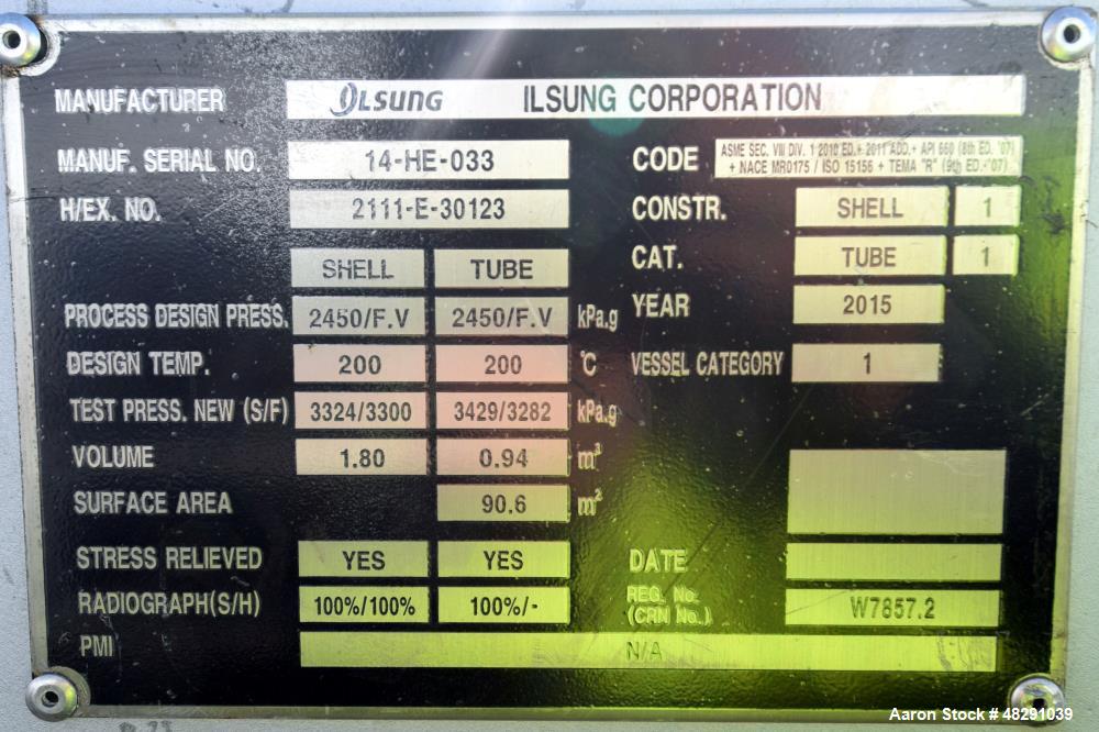 Unused- Ilsung Corporation 8 Pass Shell & Tube Heat Exchanger, Approximate 975 S