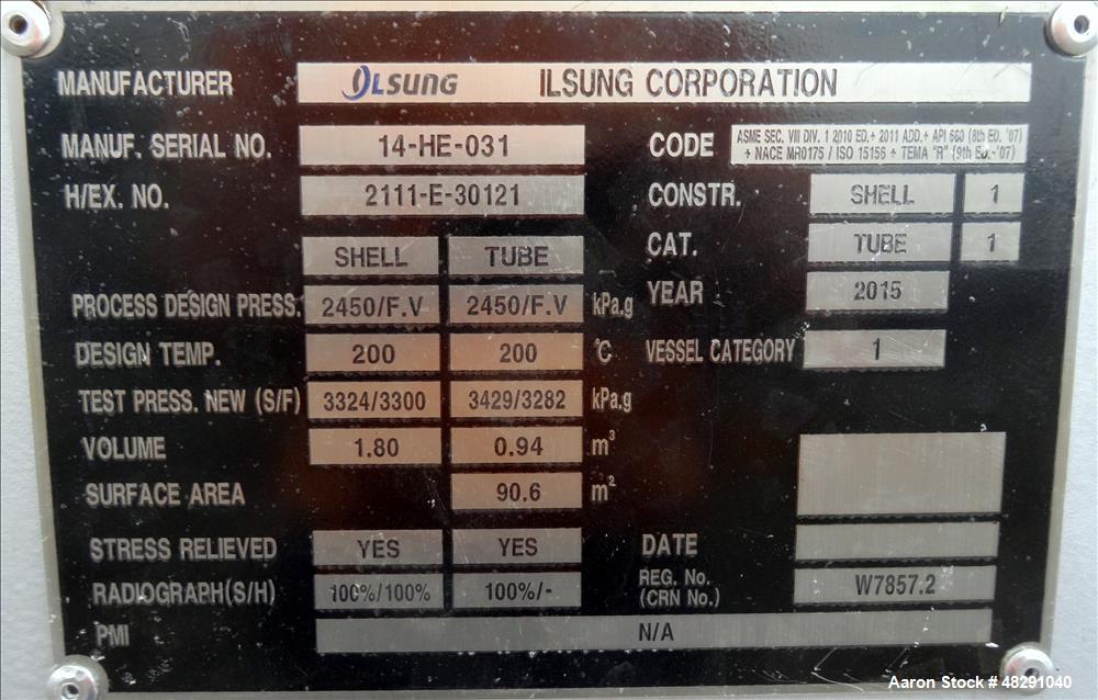 Unused- Ilsung Corporation 8 Pass Shell & Tube Heat Exchanger, Approximate 975 S