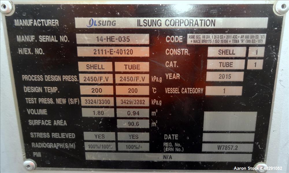 Unused- Ilsung Corporation 8 Pass Shell & Tube Heat Exchanger, Approximate 975 S