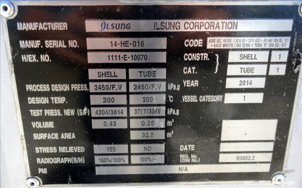 Unused- Ilsung Corporation U Tube Shell & Tube Heat Exchanger, Approximate 353 S