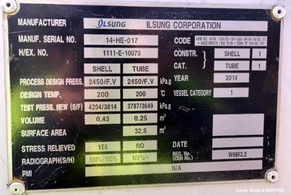 Unused- Ilsung Corporation U Tube Shell & Tube Heat Exchanger, Approximate 353 Square Feet, Tema Type AEU, Carbon Steel, Horizontal. Shell rated 425psi/Full Vacuum at 392 degrees F., (80) 3/4" diamet...