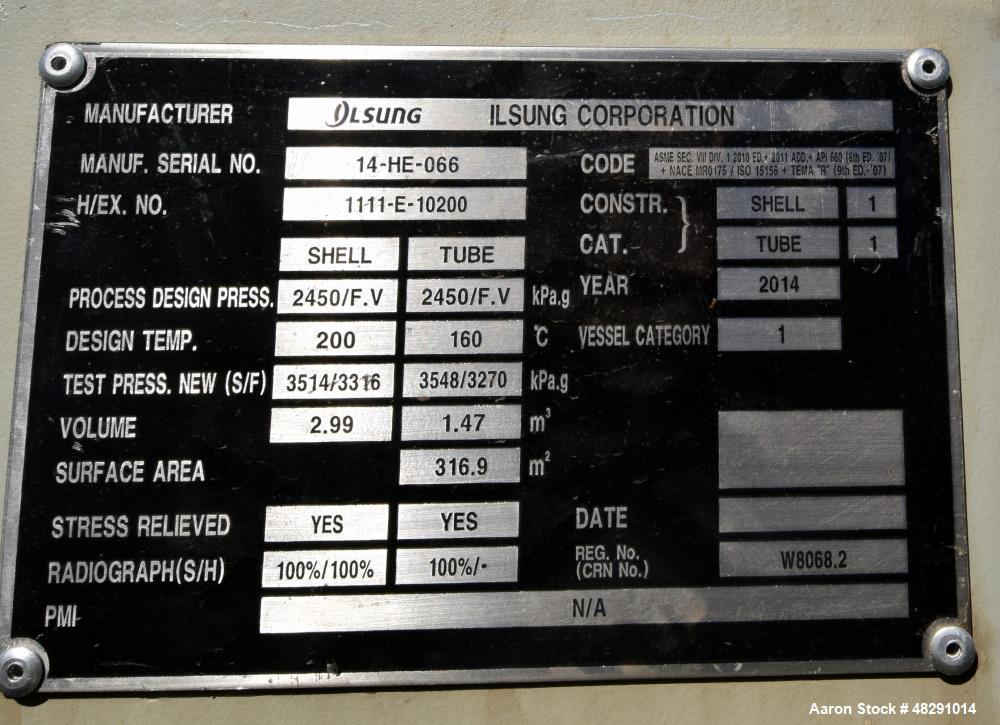 Unused- Ilsung Corporation 4 Pass U Tube Shell & Tube Heat Exchanger, Approximat