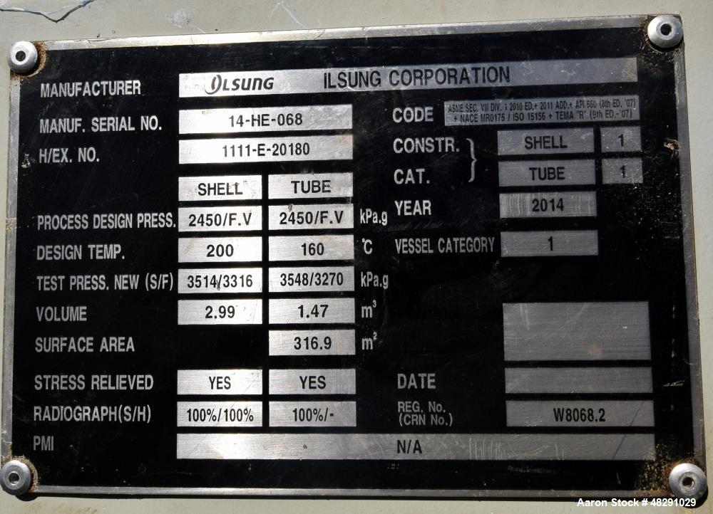 Unused- Ilsung Corporation 4 Pass U Tube Shell & Tube Heat Exchanger, Approximat