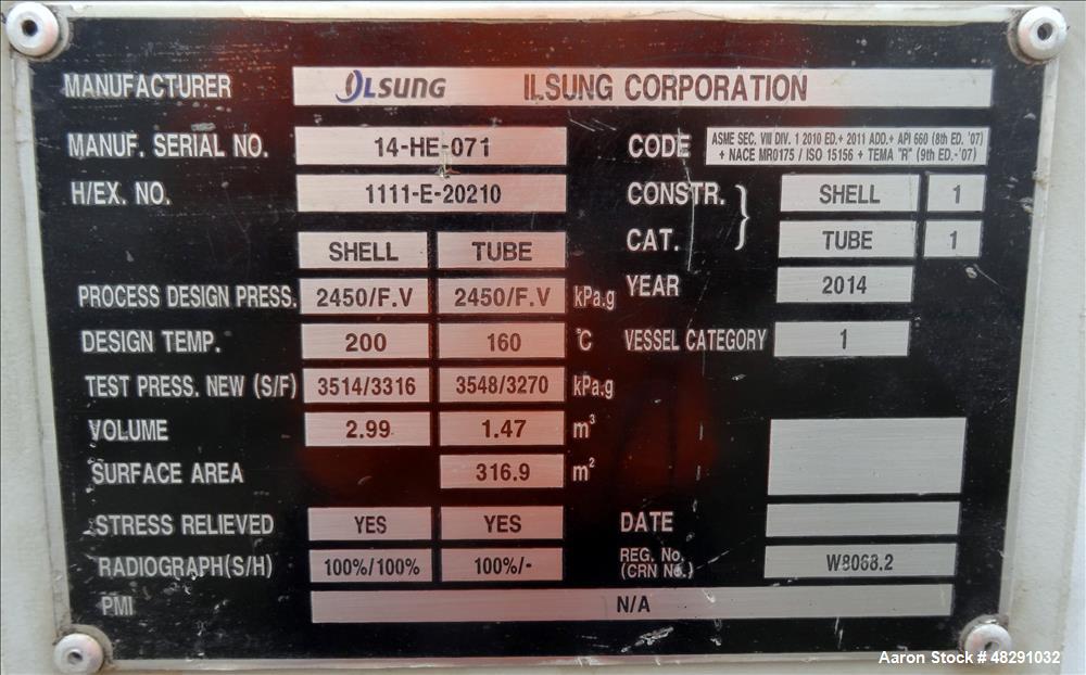 Unused- 4 Pass U Tube Shell & Tube Heat Exchanger, Approximat