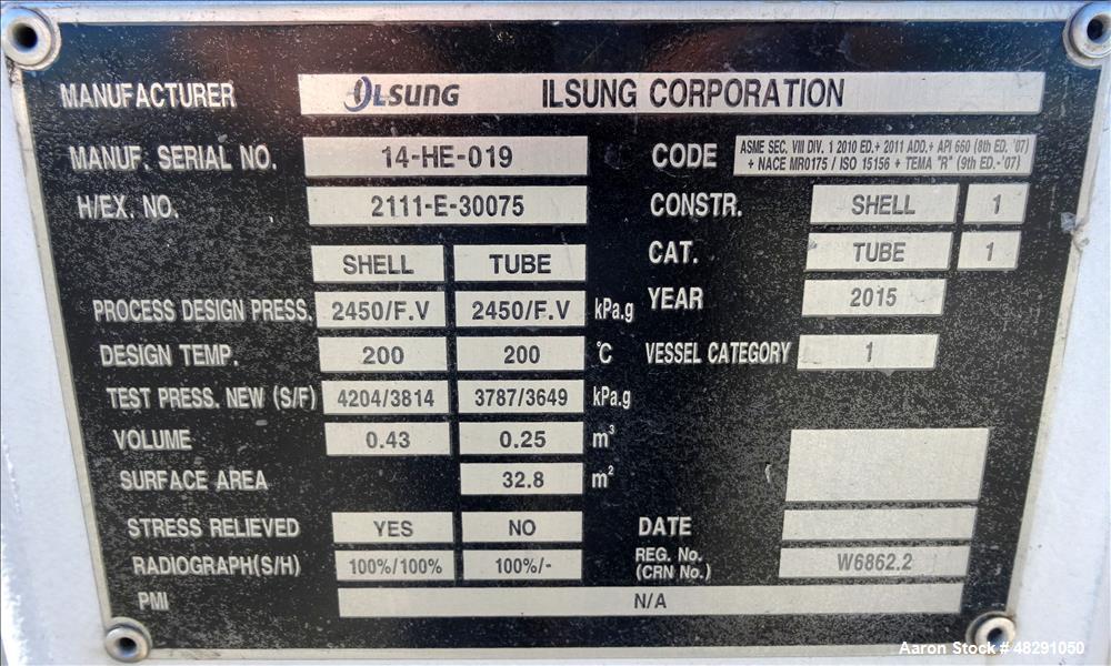 Unused- Ilsung Corporation U Tube Shell & Tube Heat Exchanger, Approximate 353 S