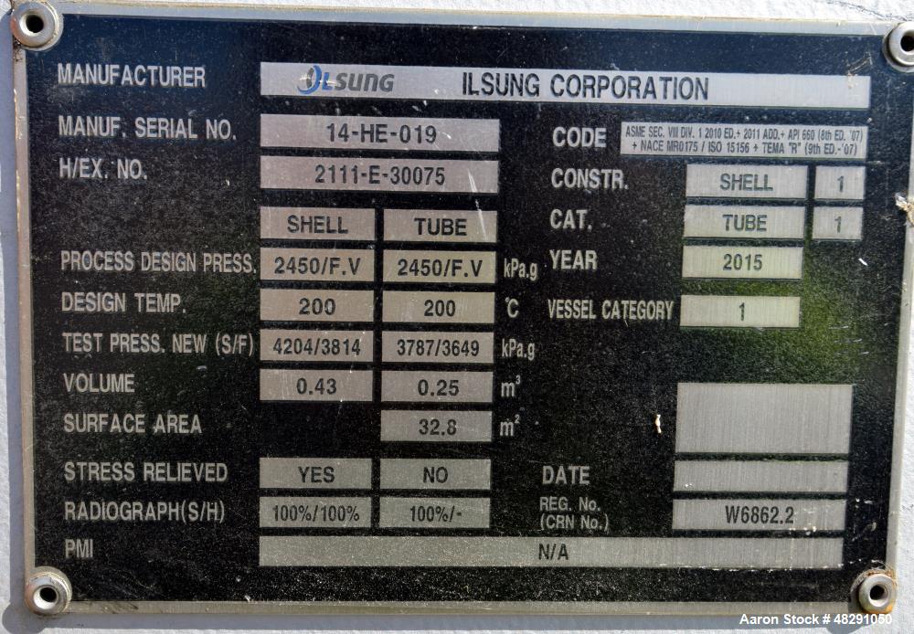 Unused- Ilsung Corporation U Tube Shell & Tube Heat Exchanger, Approximate 353 S