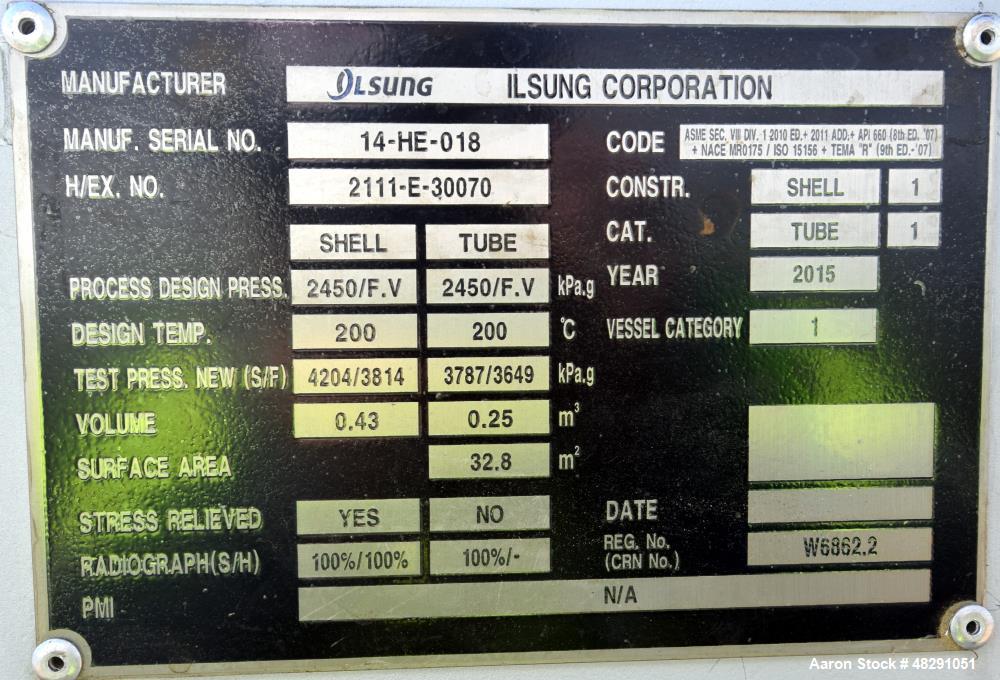 Unused- Ilsung Corporation U Tube Shell & Tube Heat Exchanger, Approximate 353 S