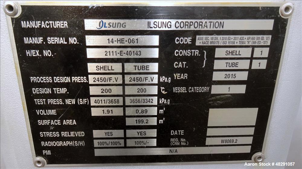 2140 Square Feet, Unused- 4 Pass U Tube Shell & Tube Heat Exchanger