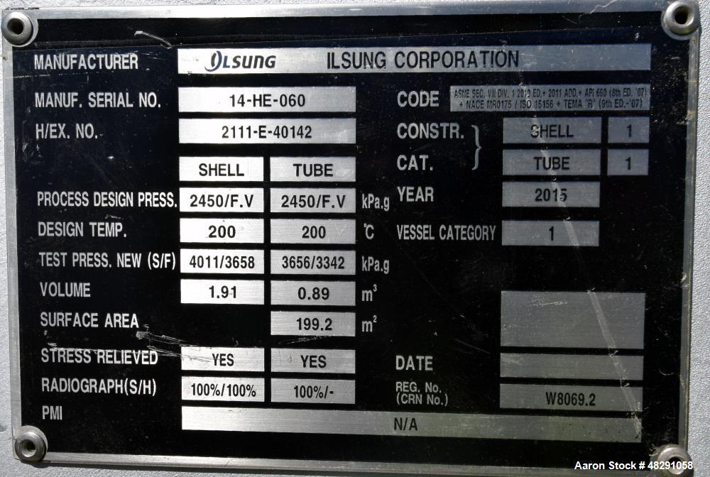 Unused- Ilsung Corporation 4 Pass U Tube Shell & Tube Heat Exchanger, Approximat