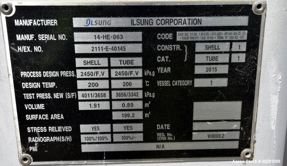 Unused- Ilsung Corporation 4 Pass U Tube Shell & Tube Heat Exchanger, Approximat
