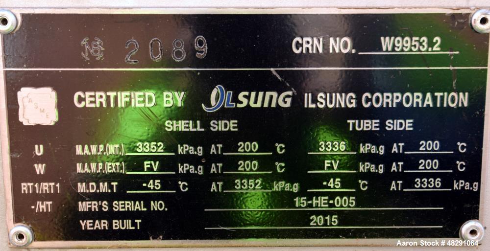 Unused- Ilsung Corporation U Tube Shell & Tube Heat Exchanger, Approximate 700 Square Feet, Carbon Steel, Horizontal. Shell rated 486psi/Full Vacuum at 392 degrees F., (178) 1” diameter x 90” long tu...