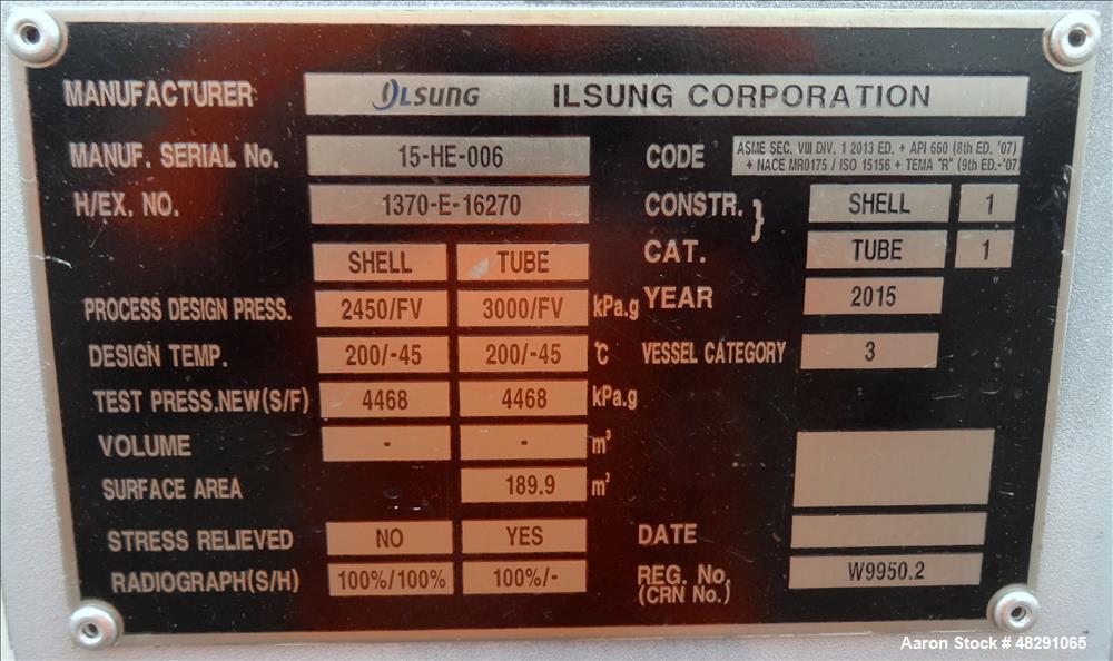 Unused- Ilsung Corporation U Tube Shell & Tube Heat Exchanger, Approximate 2356