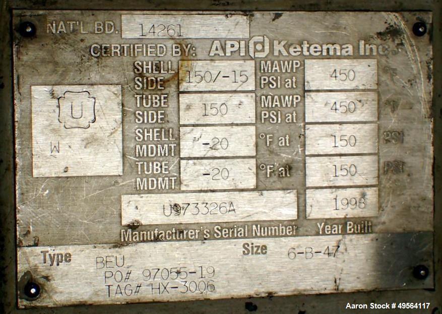 Used Ketema Shell and Tube Heat Exchanger, 18 Square Feet, Model 6-B-47, U Tube Design. Carbon steel tubes, tube sheet, bonnet and shell, (12) .75" diameter tubes rated 150 psi at 375 degrees F. Shel...