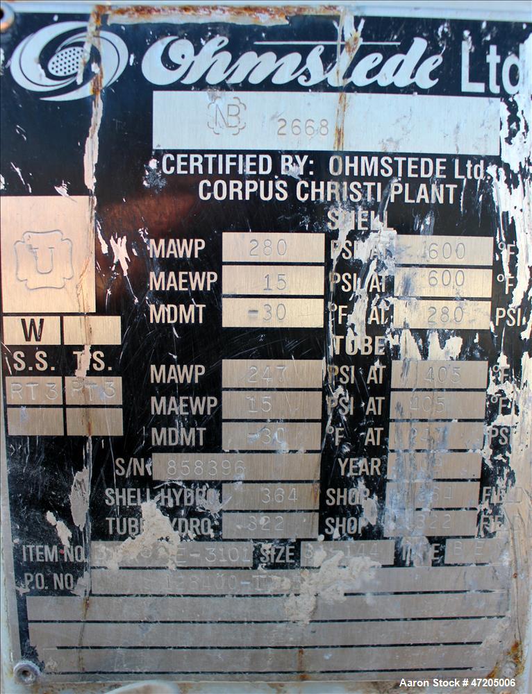 Unused- Ohmstede 2 Pass Shell & Tube Heat Exchanger, Approximate 1717.3 Square F