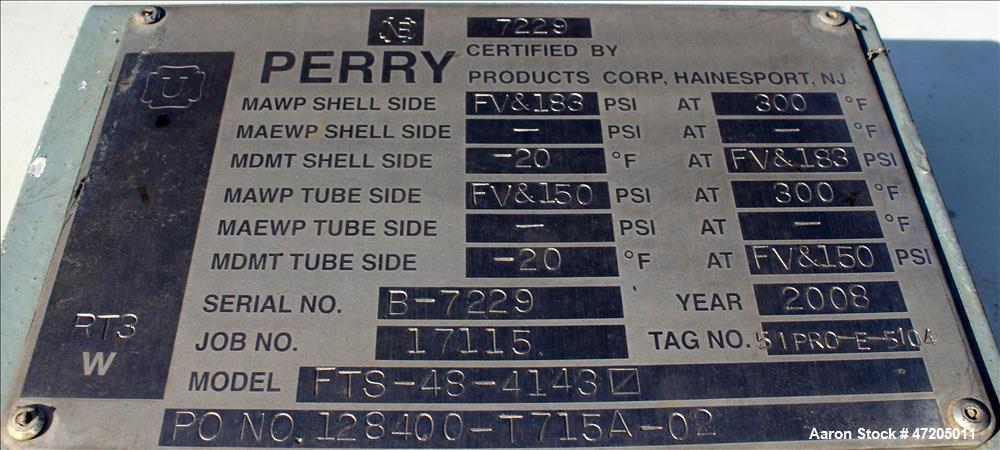 Unused- Perry Products Single Pass Shell & Tube Heat Exchanger, 4,143 Square Feet, Model FTS-48-4143, Vertical. Carbon steel shell rated 183 psi/Full Vacuum at -20 to 300 degrees F. (2110) 3/4" Diame...