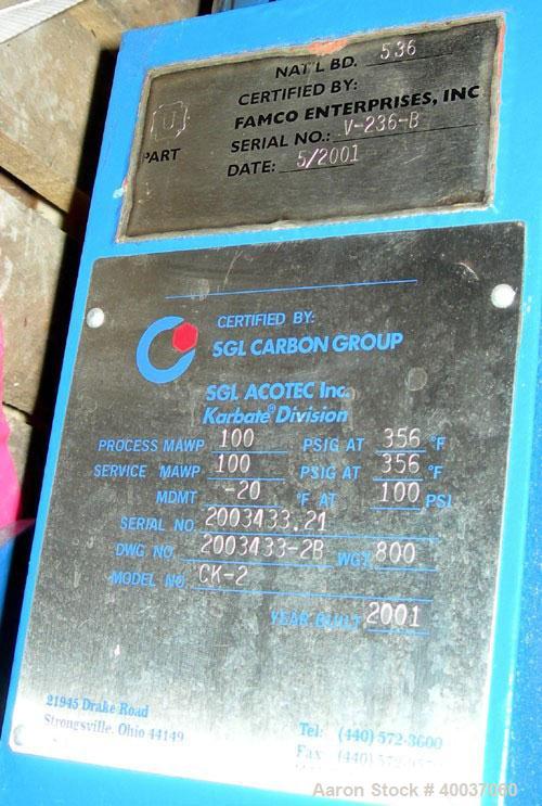 Used SGL Carbon Group Cylindrical Block Graphite Heat Exchanger. Approximately 25 square feet, vertical, model CK2. Service and process sides each rated 100 psi at 356 deg F. Openings: shell (2) 2", ...