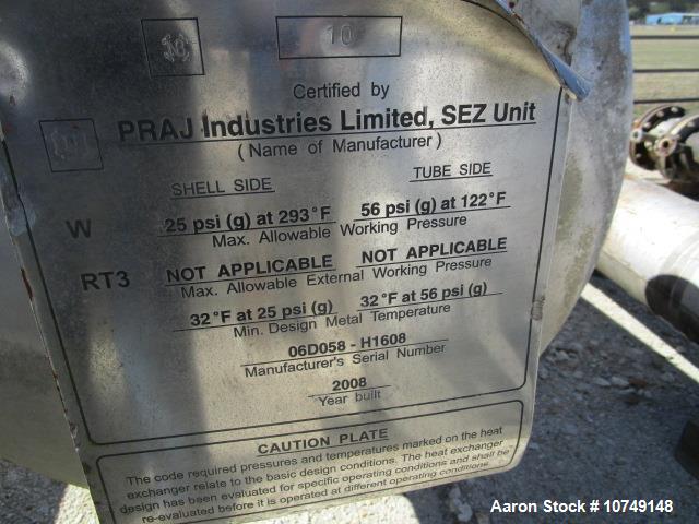 Used – Praj Industries 1185 sq. ft. Horizontal Shell & Tube Heat Exchanger – 304L SS Shell, NB Code