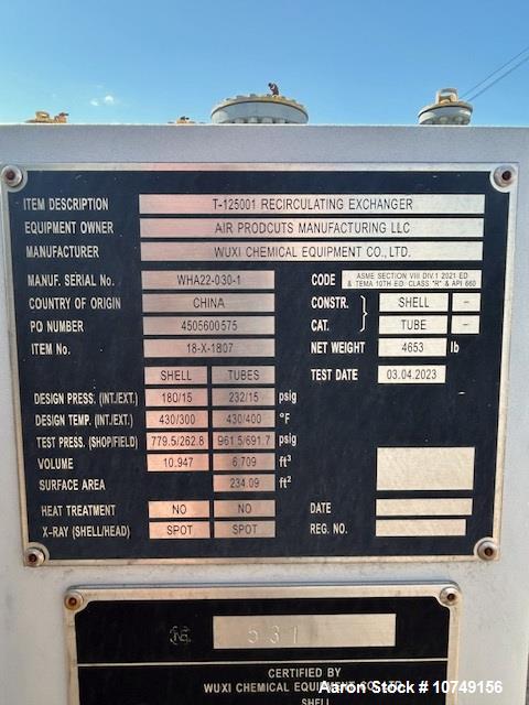 Used Wuxi Chemical Equipment 234 sq. ft. Horizontal Shell and Tube Heat Exchanger. Duplex 2205 stainless steel tubes rated 532 psi at 32 to 430 degrees F. 9' Tube length. 316L Stainless Steel shell r...