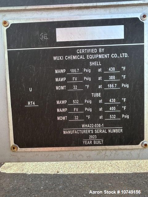Used Wuxi Chemical Equipment 234 sq. ft. Horizontal Shell and Tube Heat Exchanger. Duplex 2205 stainless steel tubes rated 532 psi at 32 to 430 degrees F. 9' Tube length. 316L Stainless Steel shell r...