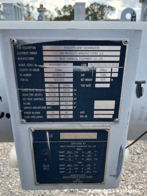 Used Wuxi Chemical Equipment Horizontal 333 sq. ft. Shell and Tube Heat Exchanger. Duplex 2205 stainless steel tubes rated 288.3 psi at 32 to 330 degrees F, 16' 7'' tube length. Duplex 2205 shell rat...