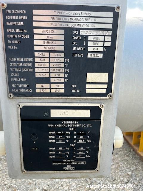 Used Wuxi Chemical Equipment 272 Square Foot Horizontal Shell and Tube Heat Exchanger. Duplex 2205 stainless steel tubes rated 532 psi at 32 to 430 degrees F, 10' 6'' Tube length. Carbon steel head. ...