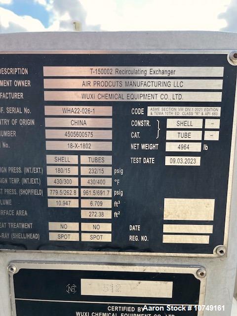 Used Wuxi Chemical Equipment 272 Square Foot Horizontal Shell and Tube Heat Exchanger. Duplex 2205 stainless steel tubes rated 532 psi at 32 to 430 degrees F, 10' 6'' Tube length. Carbon steel head. ...