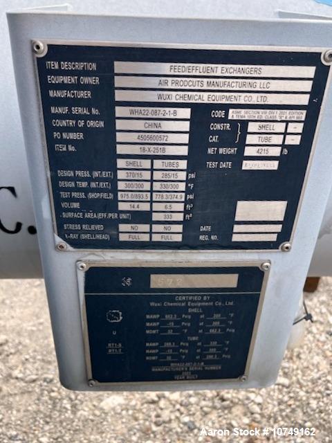 Used Wuxi Chemical Equipment 333 Square Foot Horizontal Shell and Tube Heat Exchanger. Duplex 2205 stainless steel tubes rated 288.3 psi at 32 to 330 degrees F, 16' 7'' Tube length. Carbon steel head...